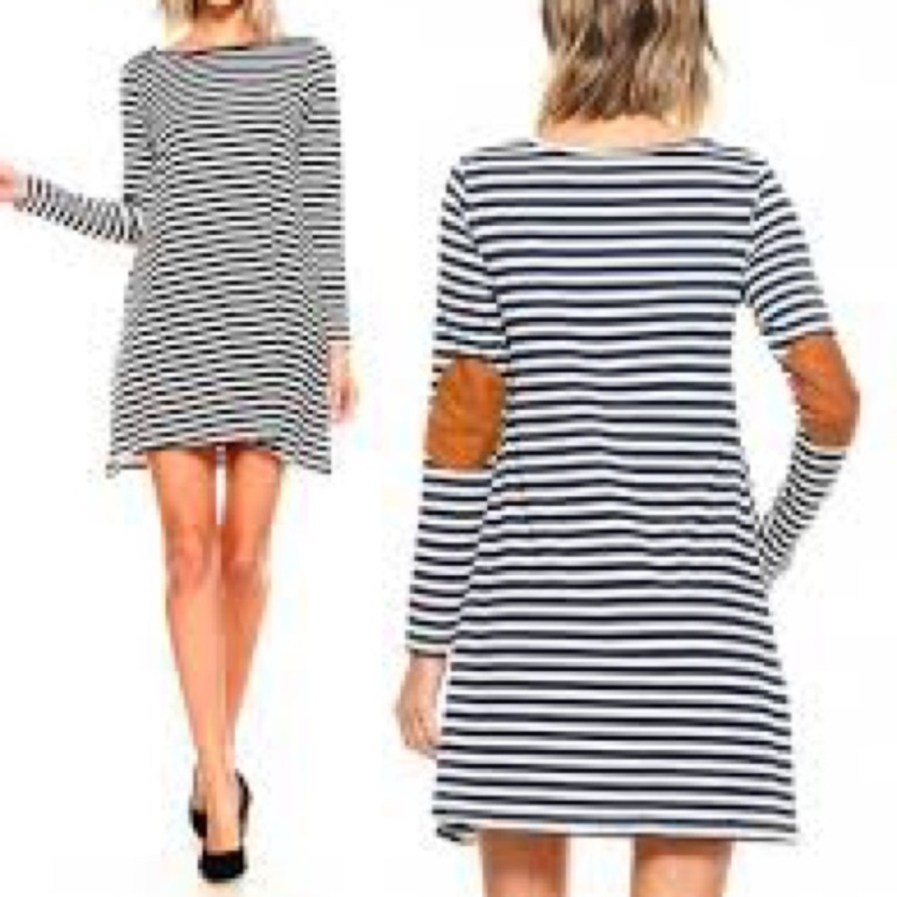 Yelete Dress Womens Medium Navy striped Faux Suede Elbow patches Nautical
